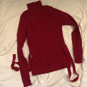 Ribbed turtleneck with tie detail